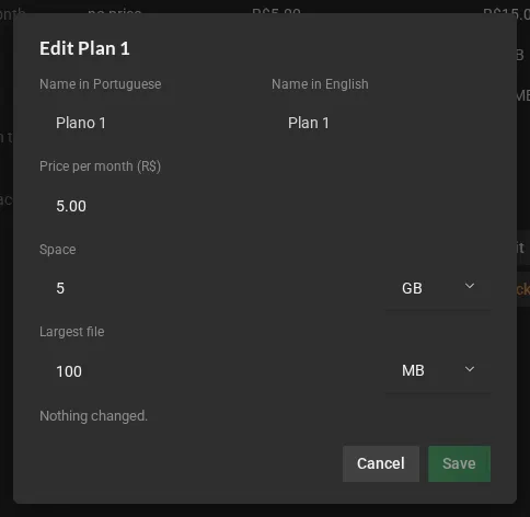 The Edit plan dialog: the names in Portuguese and in English, the price per month, the space and the largest file, each with its unit.
