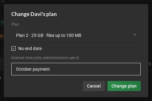 The Change plan dialog: the list of plans with the space and largest file of each, the end date choice and the internal note.