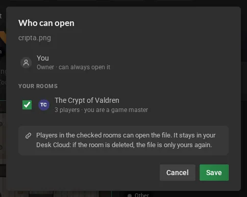 The Who can open dialog: you as the owner, your rooms with a checkbox each and the reminder that the file stays in your Desk Cloud.