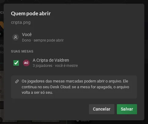 O diálogo Quem pode abrir: você como dono, as suas mesas com uma caixa cada uma e o lembrete de que o arquivo continua no seu Desk Cloud.