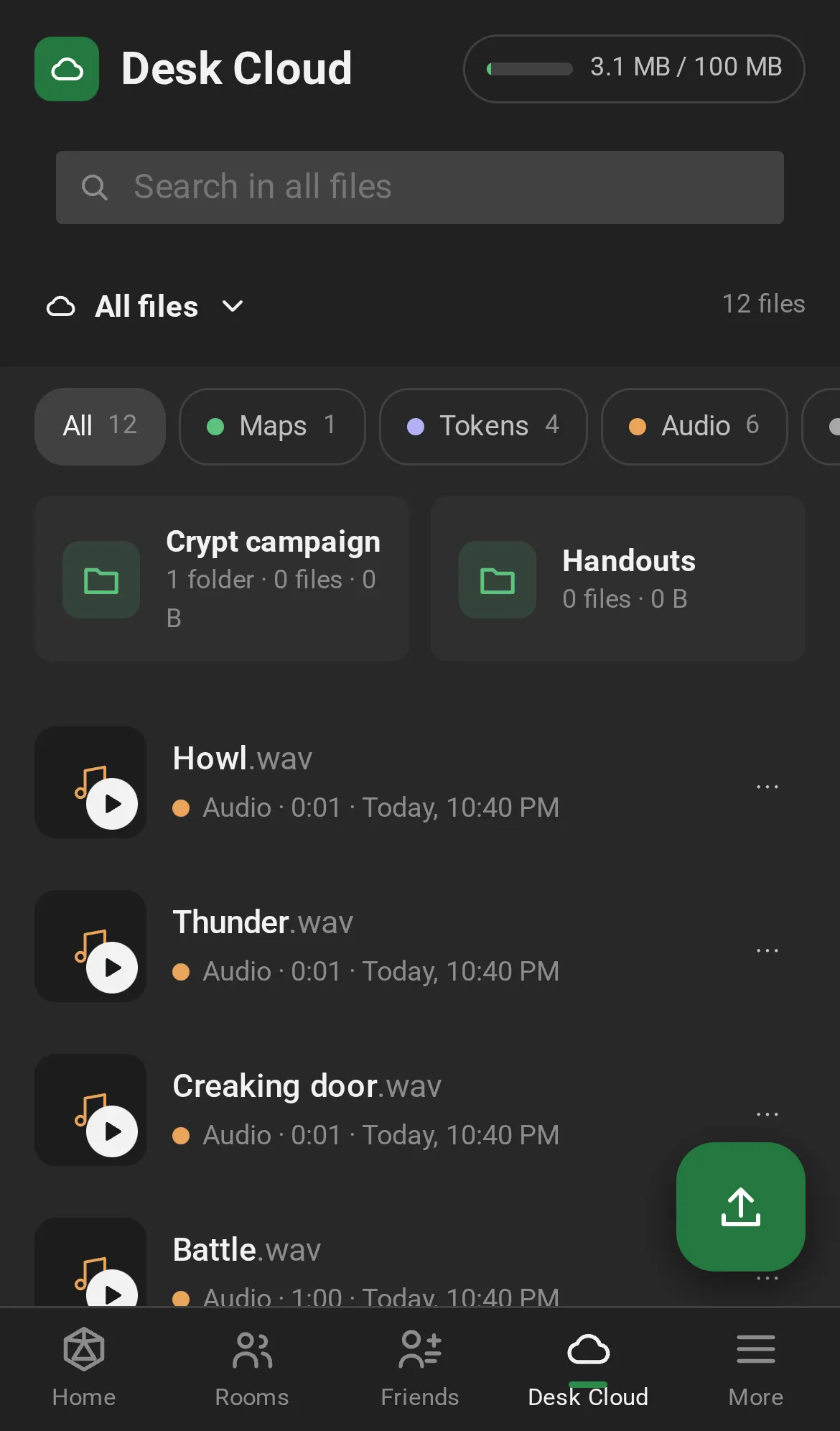 Desk Cloud on a phone: the space, the search, the open place, the types and the files as rows, with the upload button.