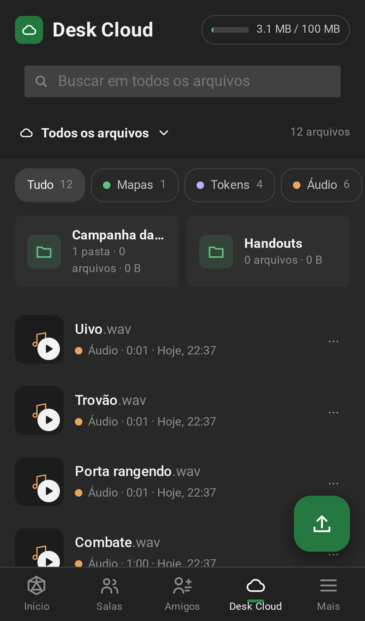 O Desk Cloud no celular: o espaço, a busca, o lugar aberto, os tipos e os arquivos em linhas, com o botão de enviar.