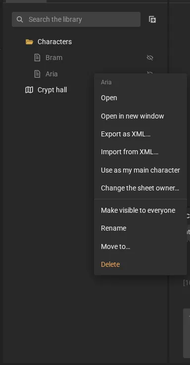 The menu of the sheet Aria: open, open in new window, export and import XML, use as main character, change the owner, make visible, rename, move and delete.