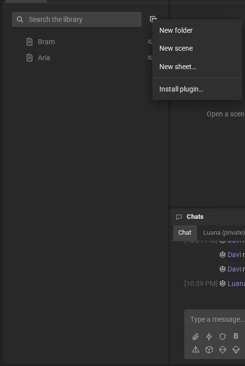 The game master's New item menu: New folder, New scene, New sheet… and Install plugin….