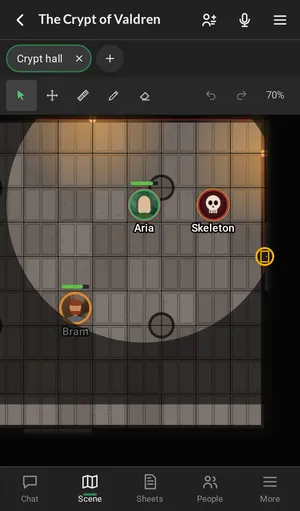 The Scene tab on a phone: the crypt map up close, with the tokens, and the toolbar in one row at the top.