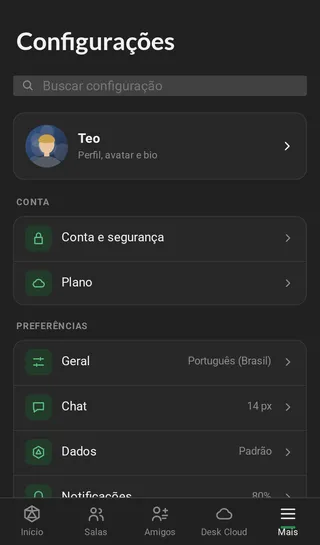 As Configurações no celular: o título, a busca, o cartão do perfil e as seções em blocos, com o resumo e a seta de cada uma.