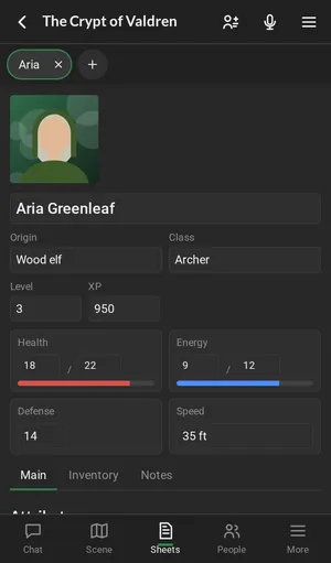 The Sheets tab on a phone, with Aria's sheet open.