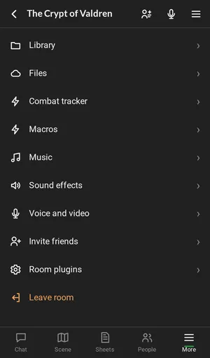 The More tab on a phone: Library, Combat tracker, Macros, Music, Sound effects, Voice and video, Room settings and Leave room.