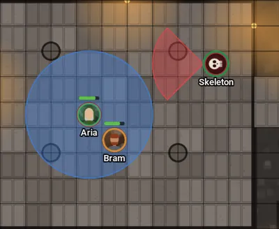 Aria with a blue circular aura that also covers Bram, and the skeleton with a red cone pointing at both of them.