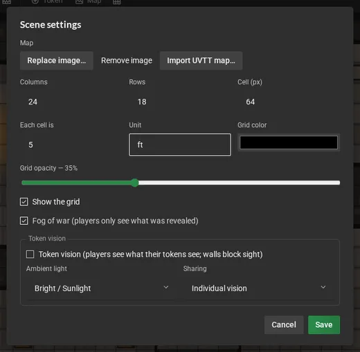 The Scene settings dialog: replace or remove the image, import a UVTT map, columns, rows, cell size, what each cell is worth and the unit, the grid's color and opacity, show the grid, fog of war and the token vision section.