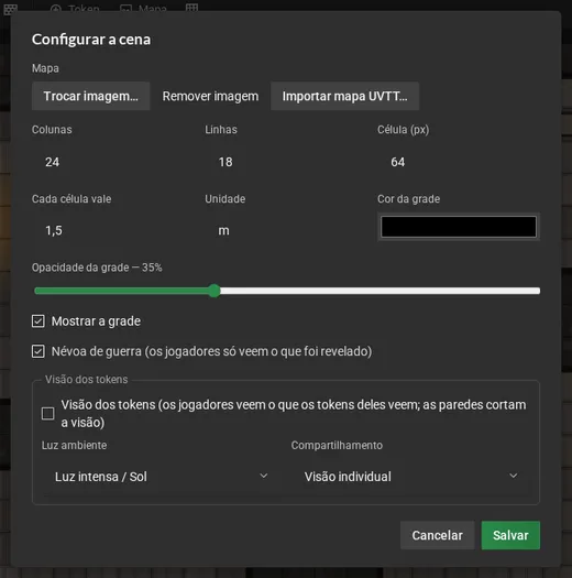 O diálogo Configurar a cena: trocar ou remover a imagem, importar mapa UVTT, colunas, linhas, tamanho da célula, quanto vale cada célula e a unidade, a cor e a opacidade da grade, mostrar a grade, a névoa de guerra e a seção da visão dos tokens.