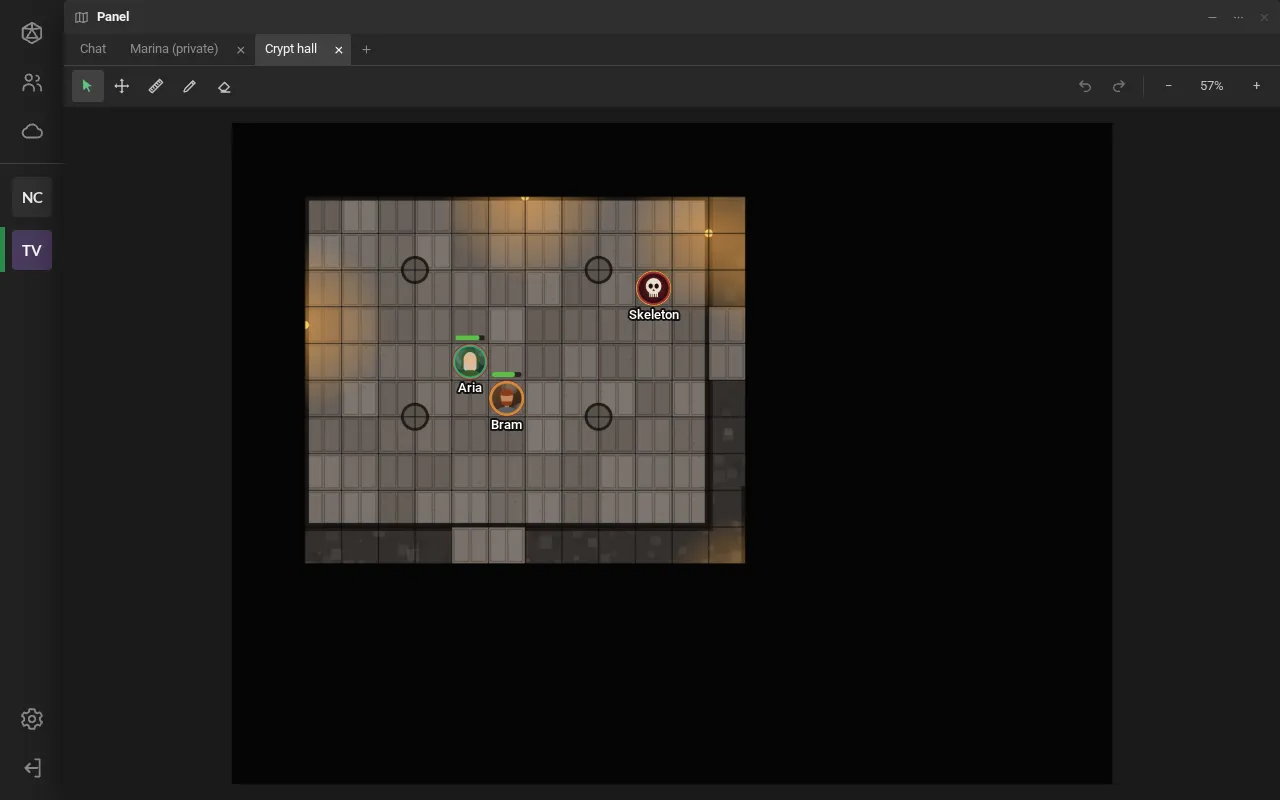 The scene as the player sees it: the revealed hall, with the tokens of Aria, Bram and a skeleton, and the rest of the map covered by fog.