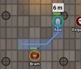 Aria sendo arrastada: as células do caminho marcadas em azul, a linha com a seta e a distância 6 m acima do token.