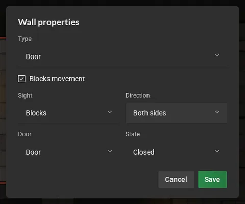 The wall properties: type Door, blocks movement, sight Blocks, direction Both sides, door Door and state Closed.