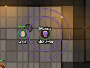 The game master's ping over the skeleton: purple ripples around the spot and the name Marina.