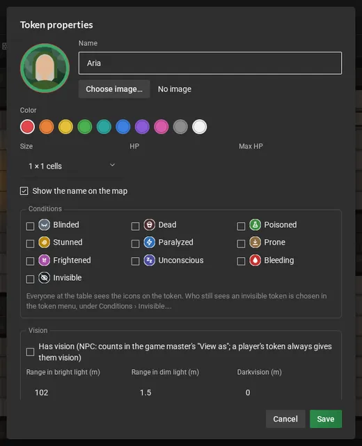 The properties of the token Aria: name, image, color, size, HP and max HP, show the name and the vision section, with the ranges, the light the token emits, the angles and the facing.