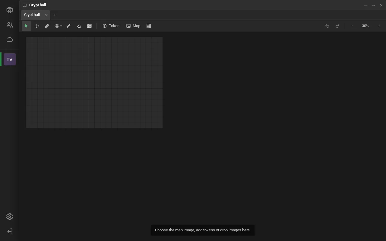 A new scene, as the game master sees it: the toolbar with Token and Map, the empty grid and the hint to choose the map image.