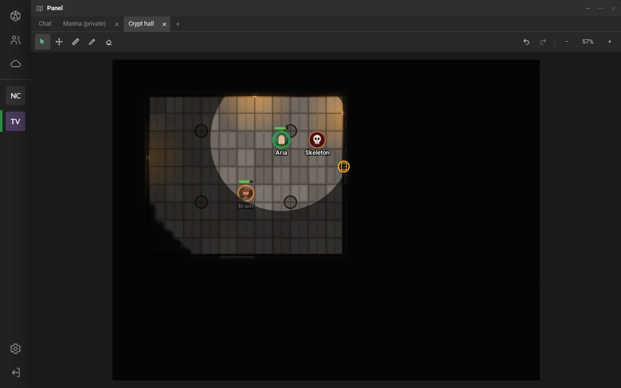 The scene in the dark, as the player sees it: the light of Aria's torch lights a circle of the hall, the rest Aria has already seen stays dimmed, and the door shows on the east wall.