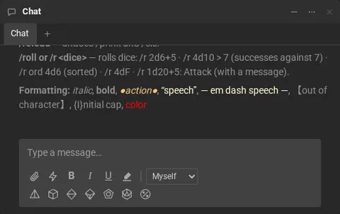 The result of /help in the chat: the list of commands, from /cls to /roll, each with what it does, and the formatting markup.