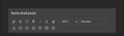 The message box with its tools: send file, macros, bold, italic, underline, color, the Speak as selector on NPC with the name Warden, and the quick dice row.