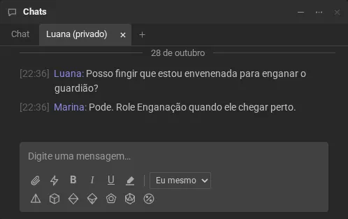 Uma conversa particular entre a mestra e Luana, numa aba ao lado da aba do chat da mesa.