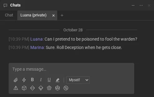 A private conversation between the game master and Luana, in a tab next to the room chat's tab.
