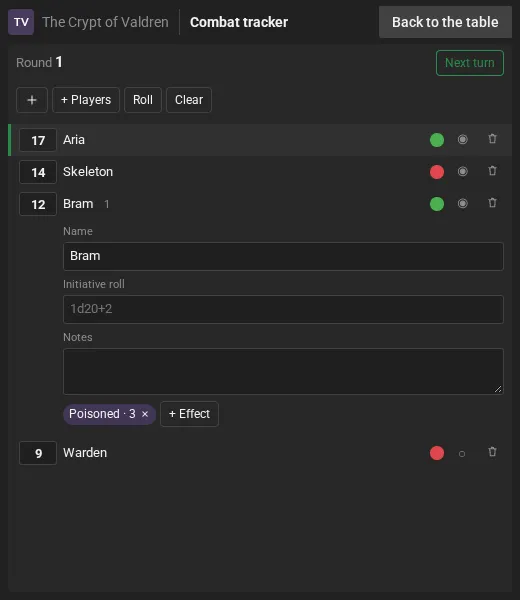 The combat tracker in a window of its own: round 1, Aria's turn (17), the Skeleton (14, hostile), Bram (12) open with the initiative roll, the notes and the Poisoned effect for 3 rounds, and the Warden (9), visible to game masters only.