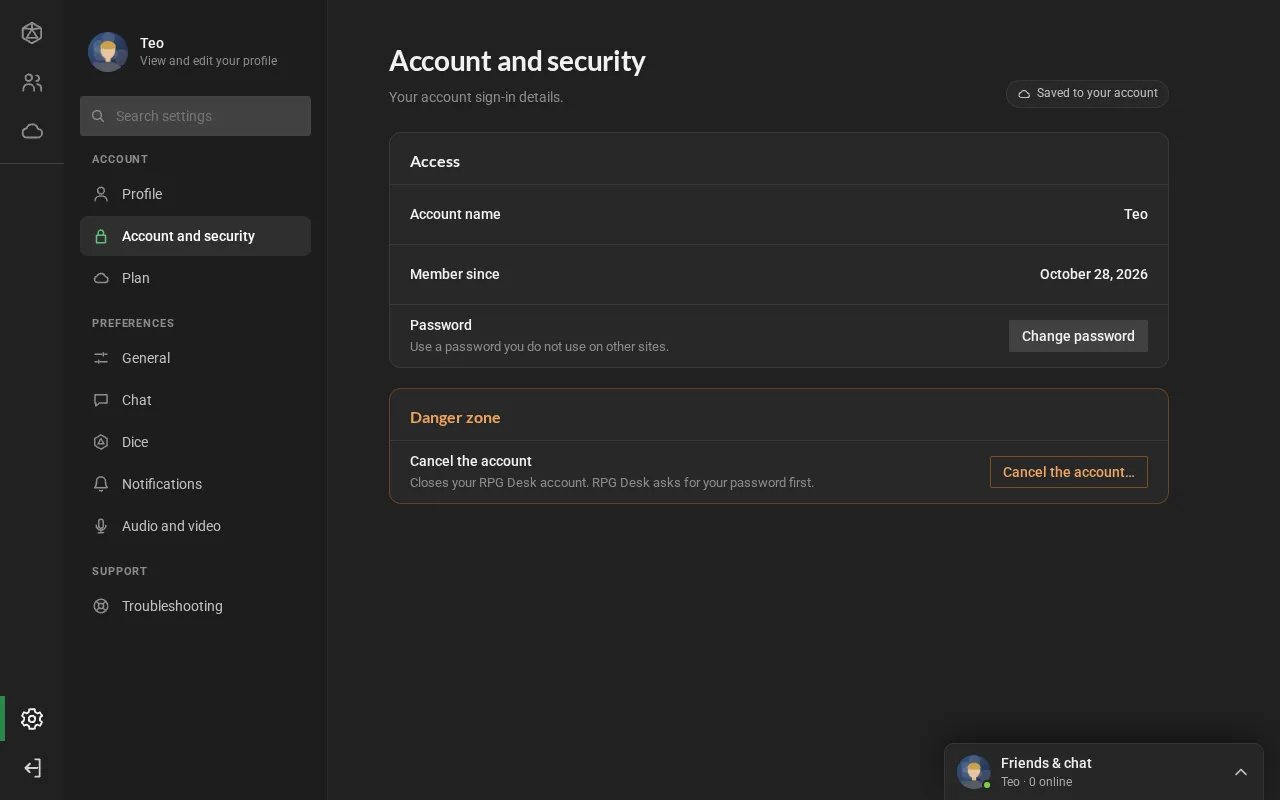 The Account and security section: the account name, member since, the password with Change password and the danger zone with Cancel the account.