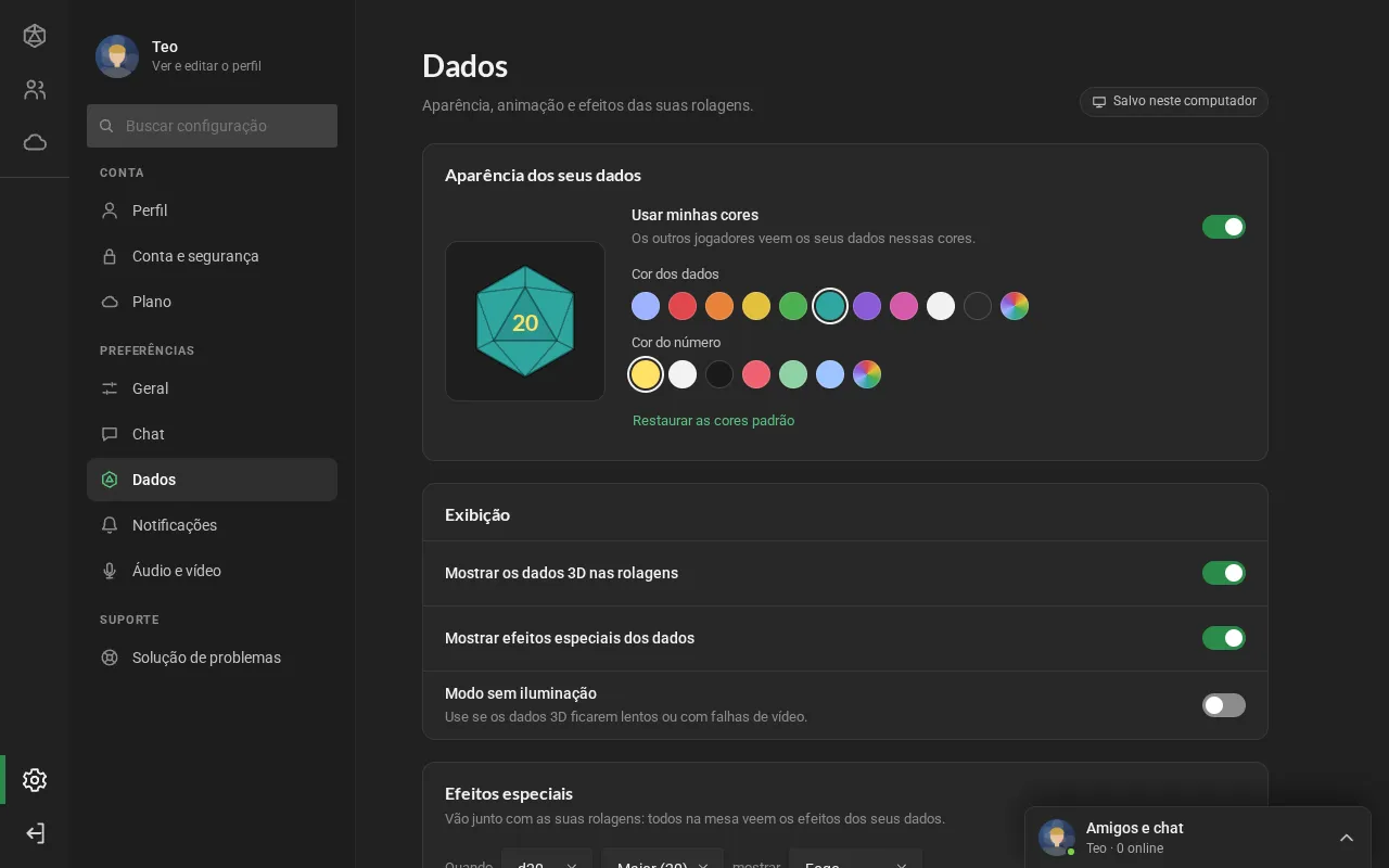 A seção Dados: a aparência com a prévia do d20, Usar minhas cores e as cores do dado e do número; a exibição; e os efeitos especiais com Testar.