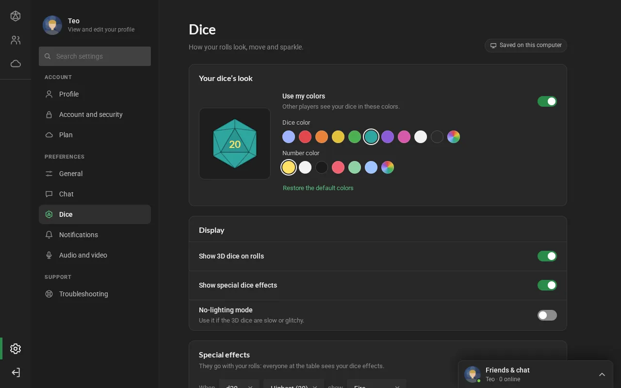 Settings → Dice: the d20 preview with the dice and number colors, the display options and the effect rule d20, Highest (20), Fire, with the Test and Add effect buttons.