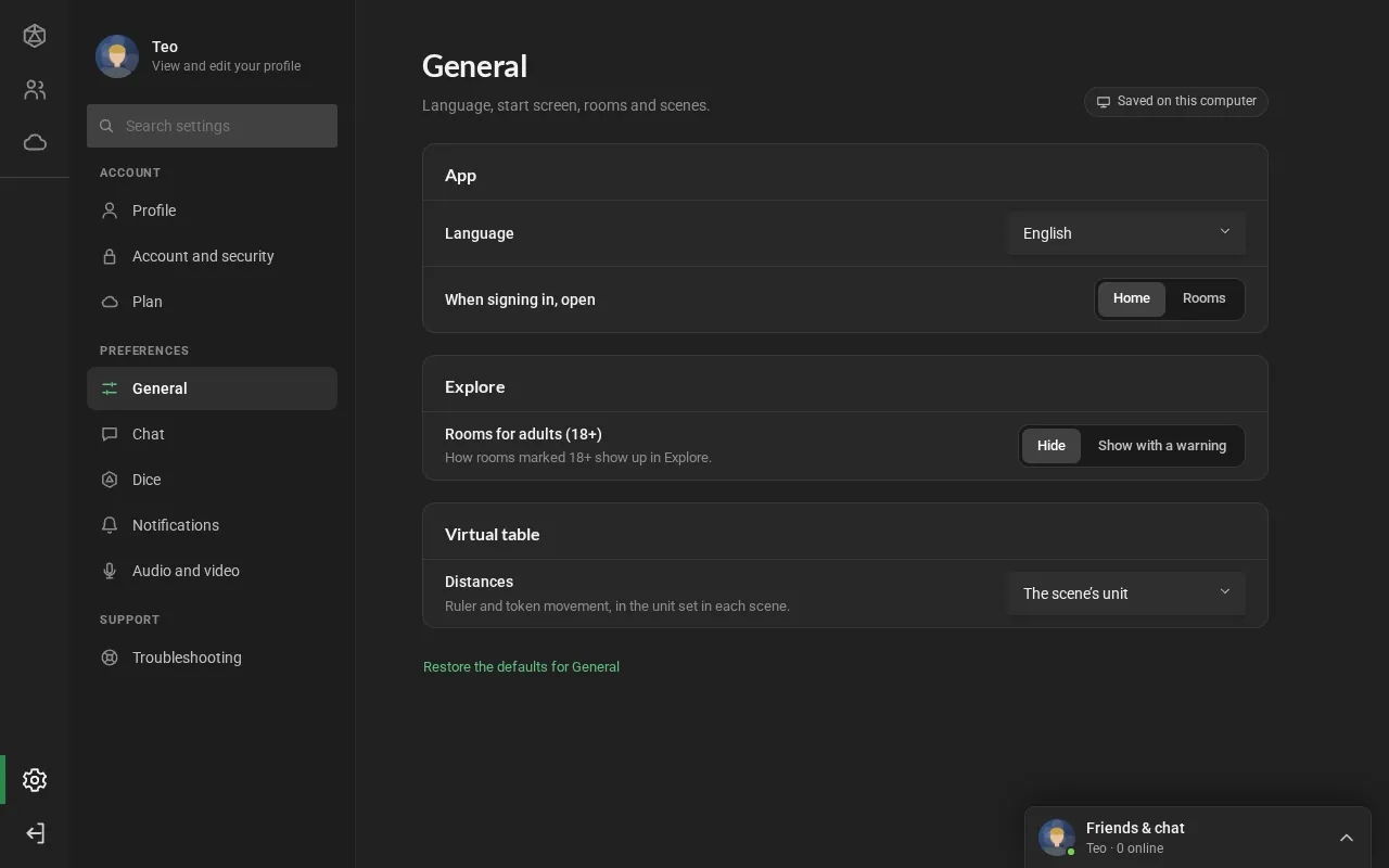 Settings on the General section: on the left, your card, the search and the sections in three groups; on the right, the language, the start page, rooms for adults and distances, one per row.