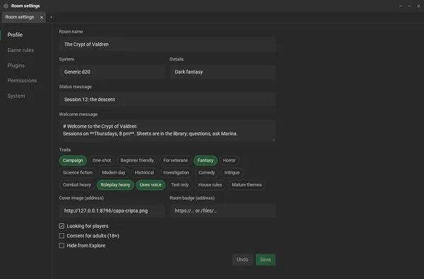 The Profile page of the room settings: the bar on the left with the five pages and the Presentation card, with name, system, details, status message and welcome message.