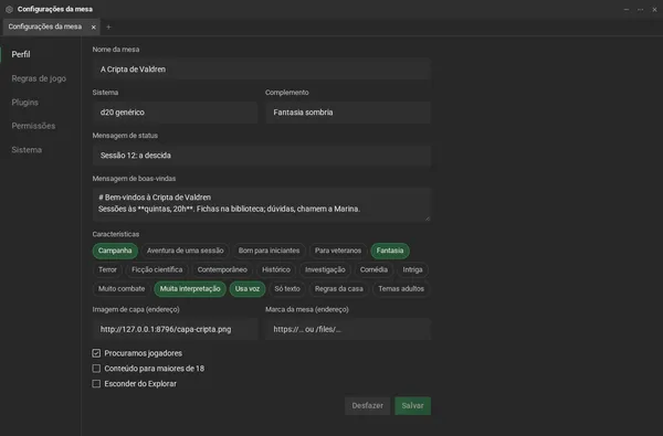 A página Perfil das configurações da mesa: a barra da esquerda com as cinco páginas e o cartão Apresentação, com nome, sistema, complemento, mensagem de status e mensagem de boas-vindas.