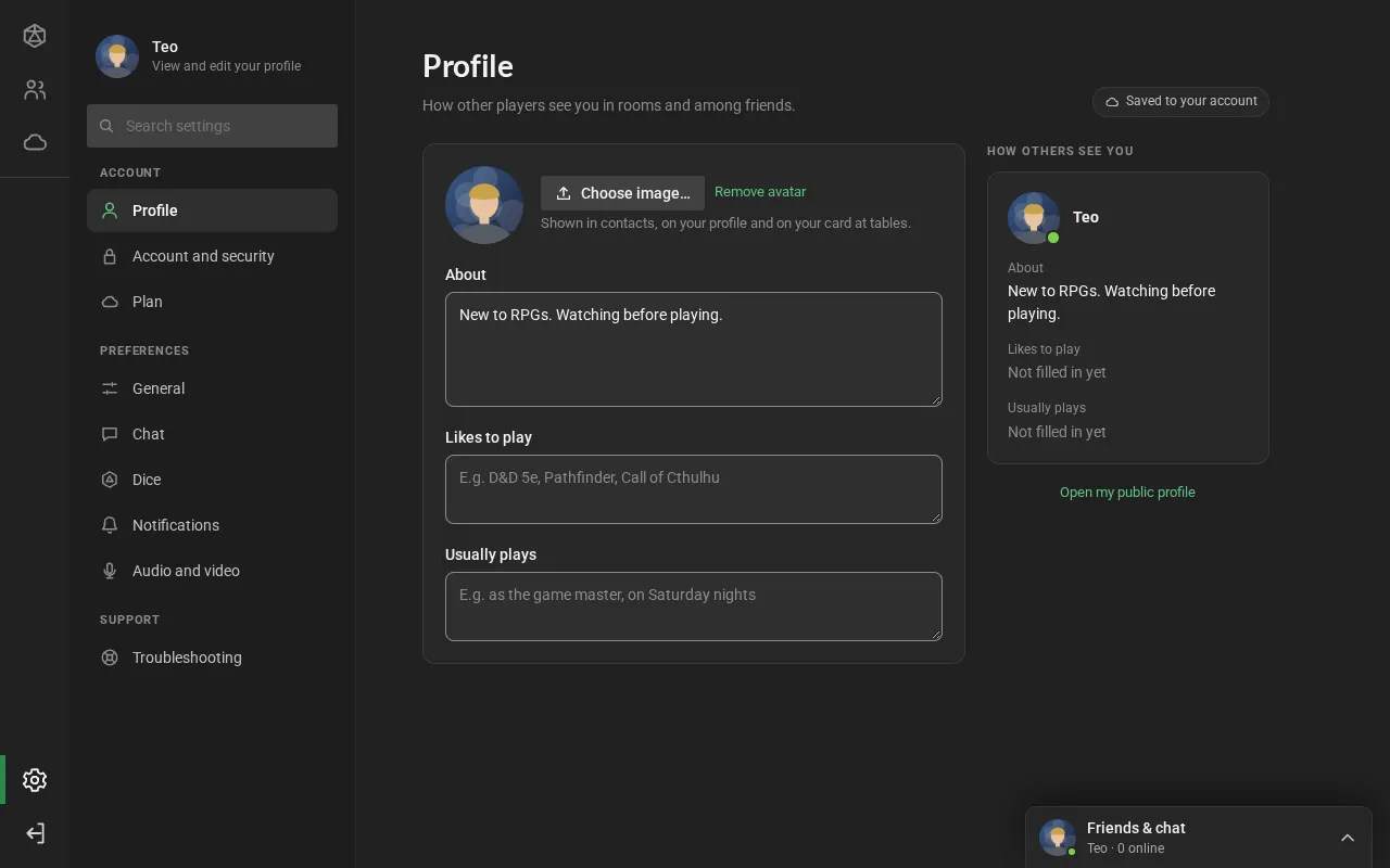 The Profile section of Settings, with the picture, the button to choose another one, the About, Likes to play and Usually plays fields and the preview of how others see it.