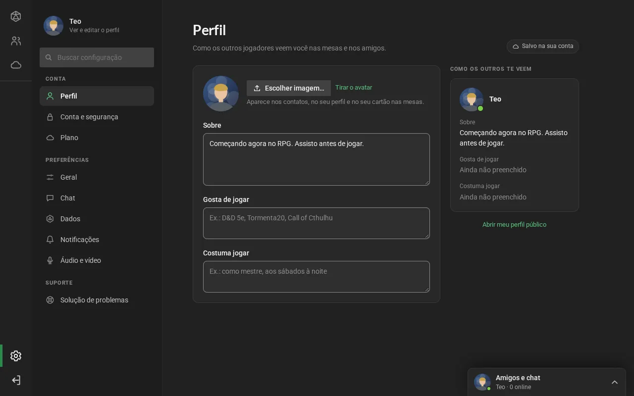 A seção Perfil: o avatar com Escolher imagem, os campos Sobre, Gosta de jogar e Costuma jogar e, ao lado, a prévia de como os outros veem o perfil.