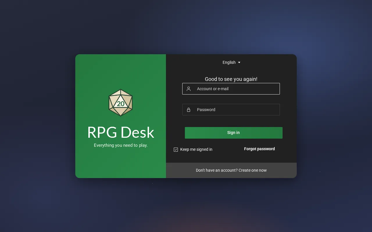 The RPG Desk sign-in screen, with the account and password fields, the Keep me signed in option and the link to create an account.