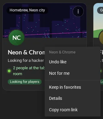 The menu on the card of the room Neon & Chrome, already liked: undo like, not for me, keep in favorites, details and copy room link.