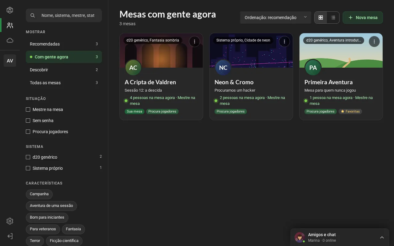 O Explorar na lista Com gente agora: a coluna de filtros à esquerda e, à direita, cartões de mesa com capa, sistema, quem está na mesa e selos como Procura jogadores.