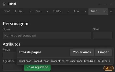 Uma ficha com o painel Erros da página aberto, mostrando um TypeError, e os botões Copiar erros e Limpar.