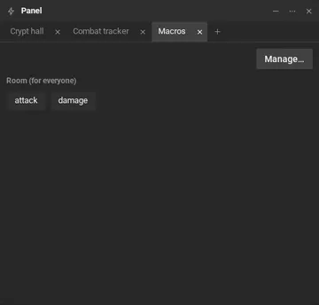The Macros table below the library, with the attack and damage buttons and the Manage button.