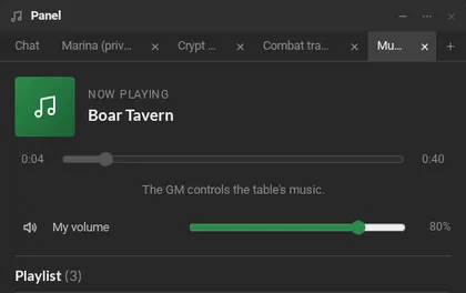 The music as the player sees it: the track that is playing, its position, the note that the game master controls the music, the personal volume and the playlist.
