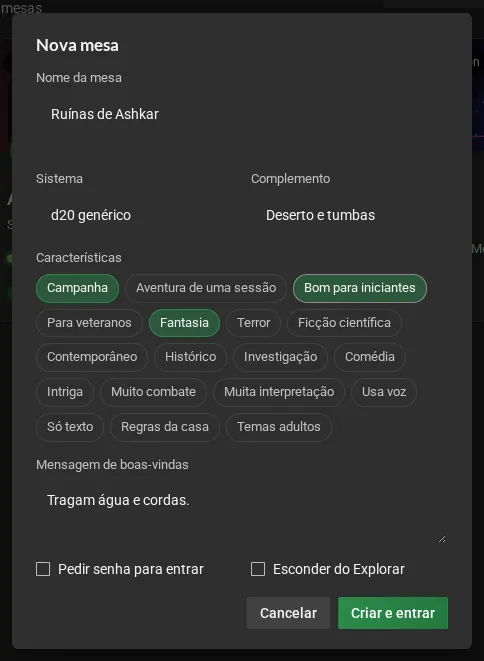 O diálogo Nova mesa preenchido: nome, sistema, complemento, características escolhidas e mensagem de boas-vindas.