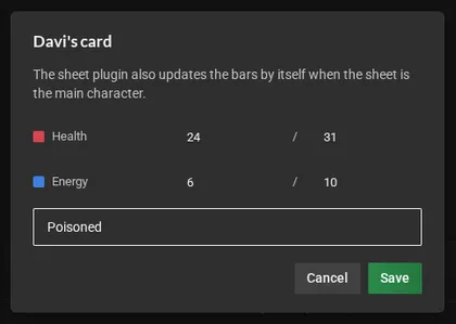 The Davi's card dialog, with the values and maximums of Health and Energy and the card line filled in with Poisoned.