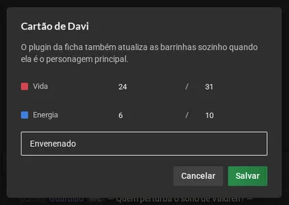 O diálogo Cartão de Davi, com os valores e máximos de Vida e Energia e a linha do cartão preenchida com Envenenado.