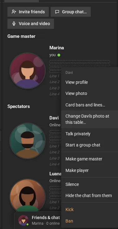 The game master's menu on Davi, with Make game master, Make player, Silence, Hide the chat from them, Kick and Ban.