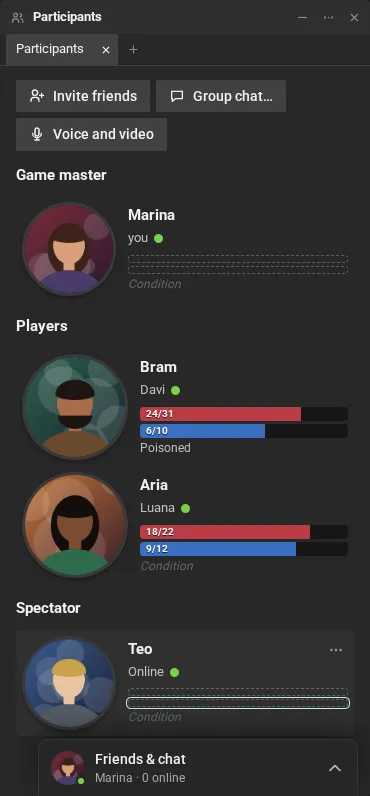 The cards with each character's two bars and the Poisoned line on Bram's card.