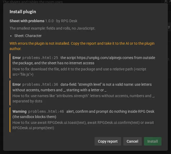 The Install plugin dialog with two errors (a script from outside the package and a field name with a space) and a warning (alert), each with how to fix it, and the Copy report button.