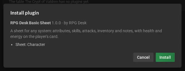 The Install plugin dialog: RPG Desk Basic Sheet, version 1.0.0, by RPG Desk, the description and the Character sheet, with the Cancel and Install buttons.