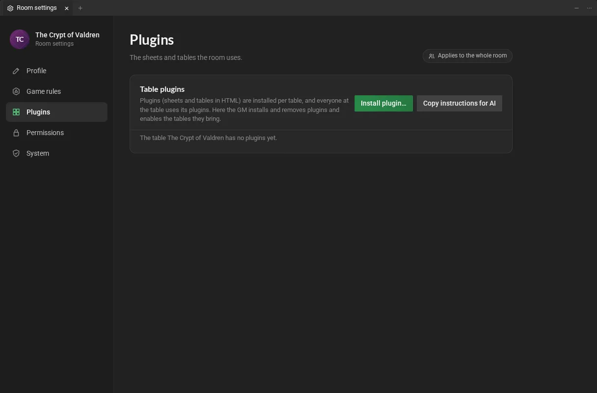 The Plugins page of a room without plugins: the Install plugin and Copy instructions for AI buttons, and the notice that the room has no plugins yet.