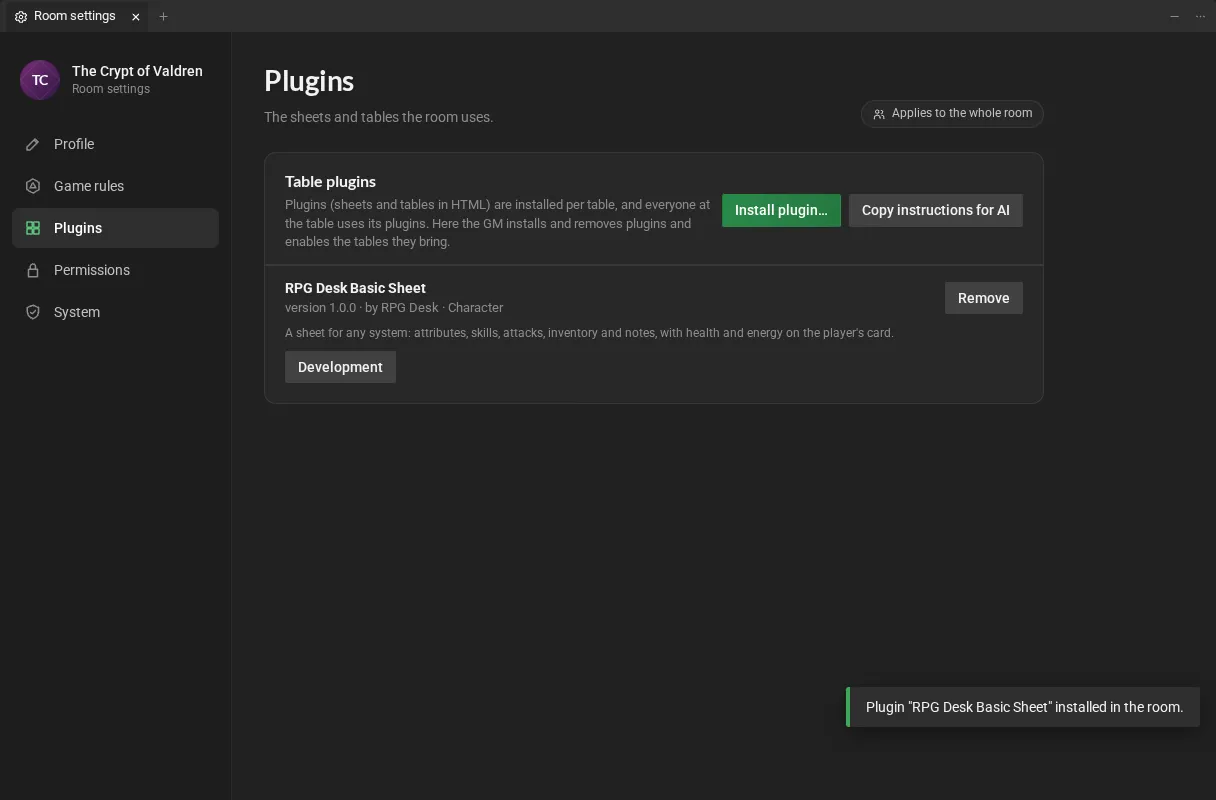 A room's Plugins page: the Install plugin and Copy instructions for AI buttons and the RPG Desk Basic Sheet installed.
